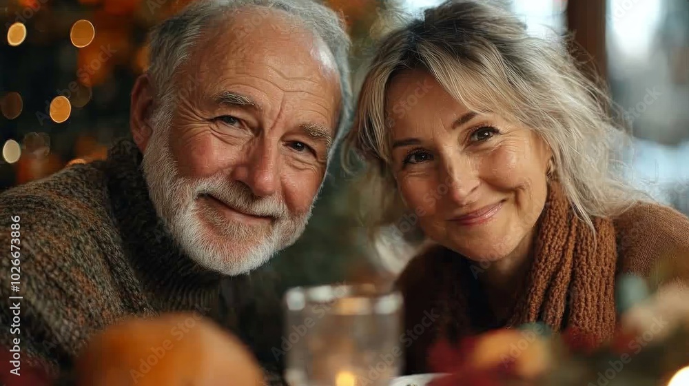 Portrait of a happy senior couple sitting at a table, smiling at the camera. Portrait of a happy senior couple sitting at a table, smiling at the camera.