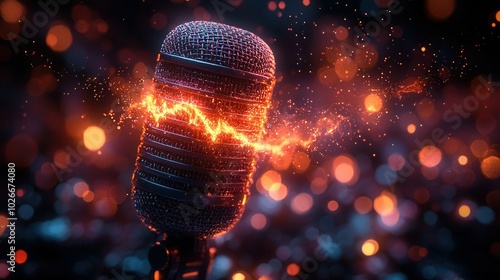 This image features a vintage microphone with a vibrant display of colored lights and particles, giving it an energetic feel. photo