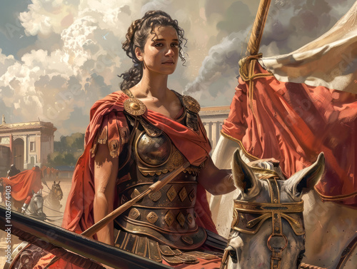 Classical painting of a warrior woman in armor with a spear and chariot