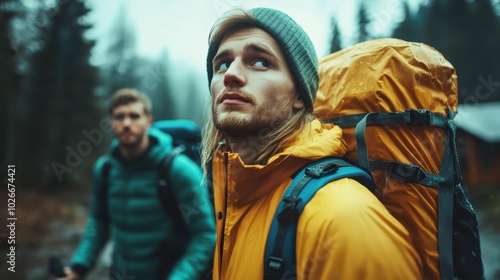 Two men, one in a yellow jacket and beanie, are in a snowy forest, portraying the adventure and resolve required to traverse the wintry wilderness.