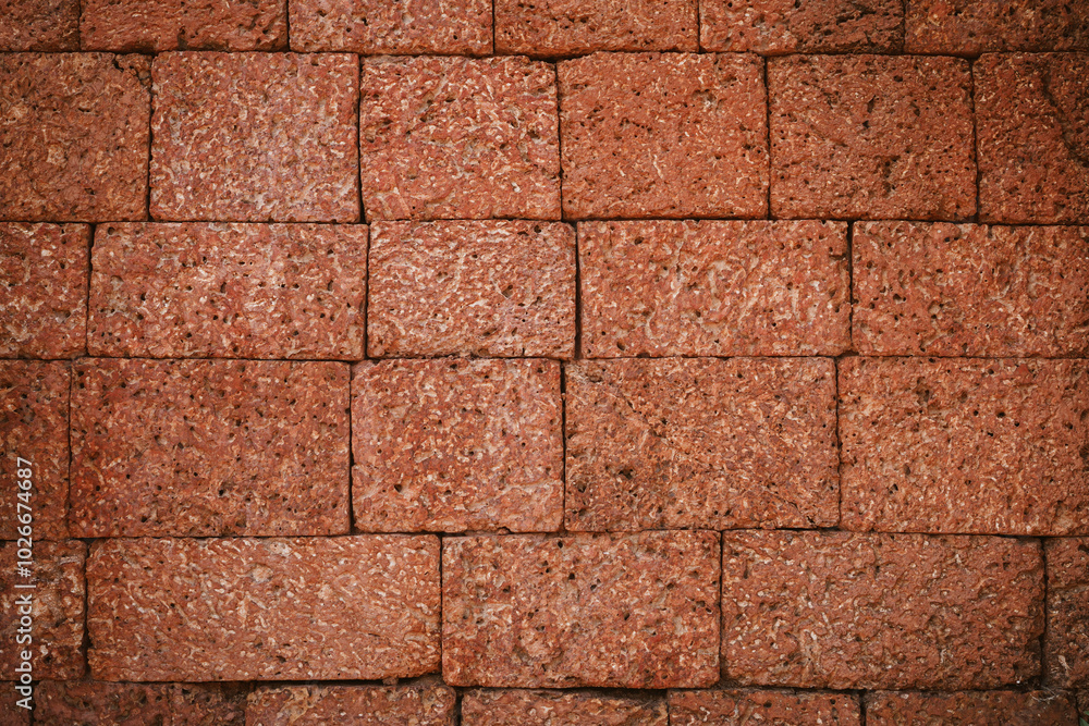 Fototapeta premium Ancient laterite brick wall for abstract seamless background and texture. beautiful patterns, space for work, close up.