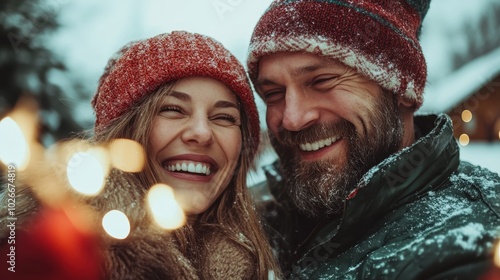 A cheerful couple dressed warmly, smiling brightly against a snowy background, capturing the joy and warmth of shared moments in wintry settings.