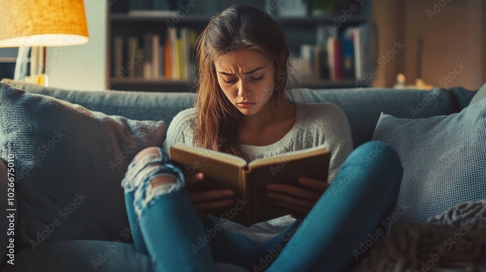 Diary-writing woman on sofa, low mood. Diary-writing woman on sofa, low mood.