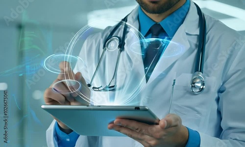 doctor pressing modern medical type, doctor holding pc, doctor pressing digital button, doctor looking at x ray