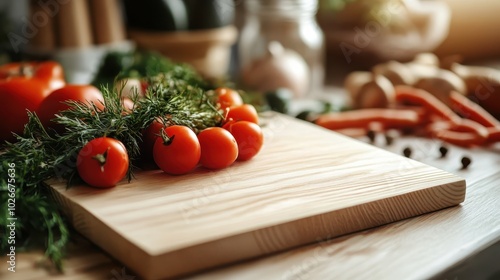 Fresh cherry tomatoes and a bunch of aromatic dill are placed on a light-colored wooden board, highlighting the essence of natural and simple culinary preparation. photo