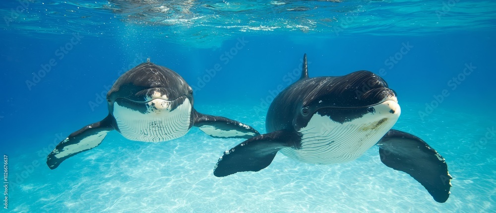 Obraz premium Two dolphins, one black and one white, swim in a clear blue pool under sunlight filtering through the water