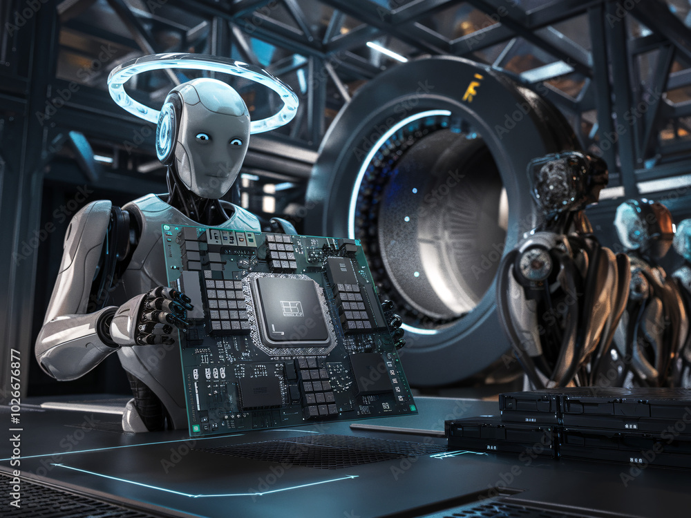 Obraz premium Futuristic AI Robot Presenting Advanced Microchip in High-Tech Laboratory