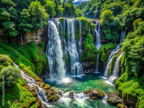 Majestic Waterfall Scene with Lush Greenery Background - Stunning Nature Photography for Nature Lovers and Environmental Awareness