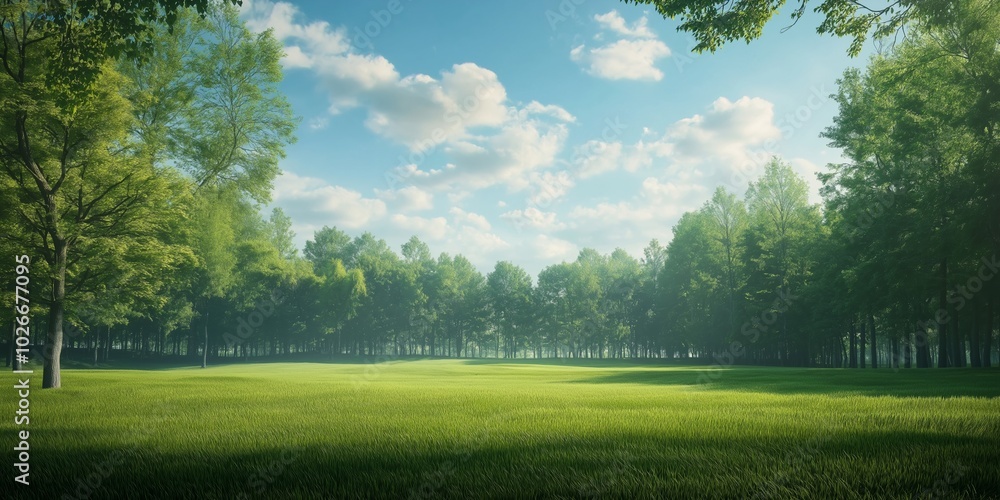 A lush green meadow surrounded by trees, under a bright blue sky with scattered white clouds. Peaceful and idyllic. A lush green meadow surrounded by trees, under a bright blue sky with scattered white clouds. Peaceful and idyllic.