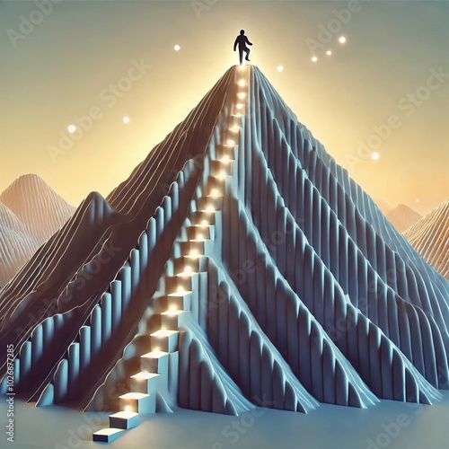 time management model: stairs leading to the sky, An abstract figure standing on top of a large glowing mountain, with smaller steps leading upward