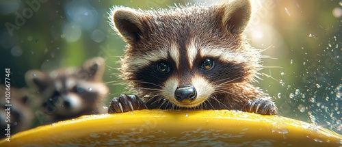  A tight shot of a raccoon on a Frisbee, with a second raccoon in the backdrop photo