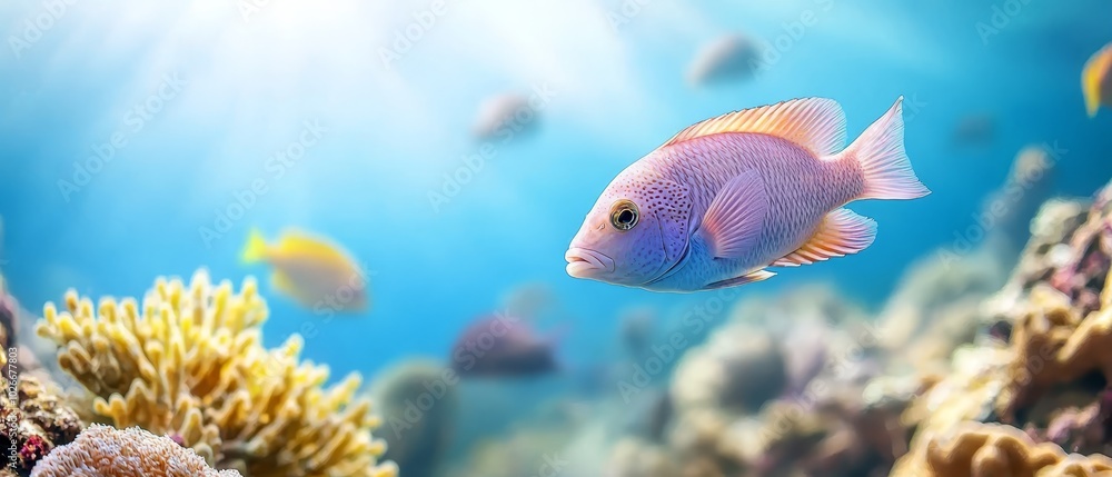 A tight shot of a fish amidst coral, surrounded by swimming companions, and sunrays filtering through as backdrop A tight shot of a fish amidst coral, surrounded by swimming companions, and sunrays filtering through as backdrop