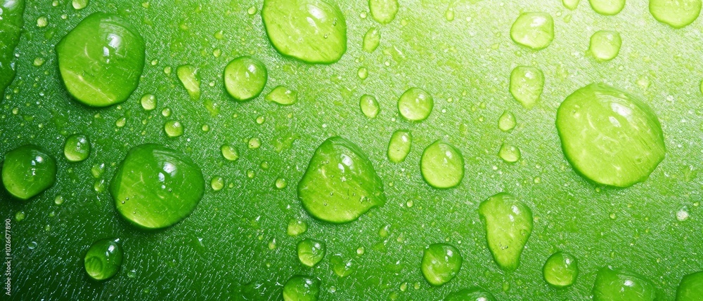 A tight shot of a wet green leaf, adorned with water droplets both on its surface and clinging to the edges A tight shot of a wet green leaf, adorned with water droplets both on its surface and clinging to the edges
