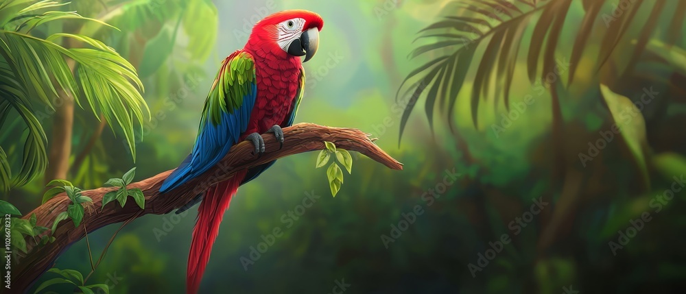 A vibrant parrot sits atop a tree branch against a lush backdrop of abundant green foliage and towering trees in a tropical forest A vibrant parrot sits atop a tree branch against a lush backdrop of abundant green foliage and towering trees in a tropical forest