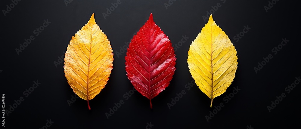Obraz premium one red leaf beneath, another yellow leaf on top
