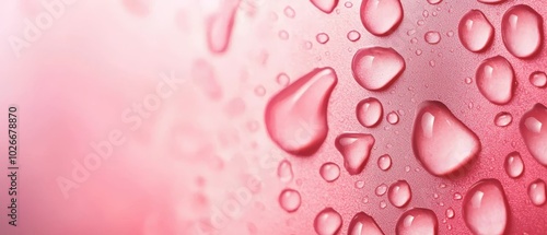  A tight shot of water droplets on a scarlet surface against a pale pink background