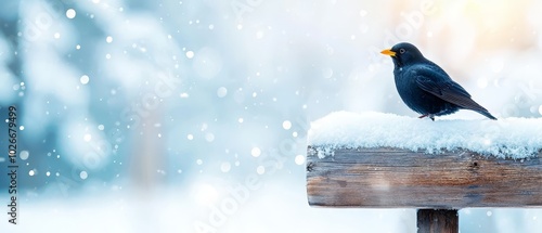  A black bird perches atop a weathered woodpost in a snowy landscape, surrounded by softly falling snowflakes photo