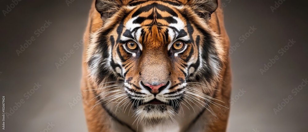 Fototapeta premium A tight shot of a tiger's face, displaying its black-and-white striped mask