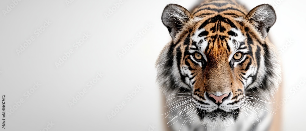 Fototapeta premium A tight shot of a tiger's visage against a pristine white backdrop, its features softened by a gentle blur