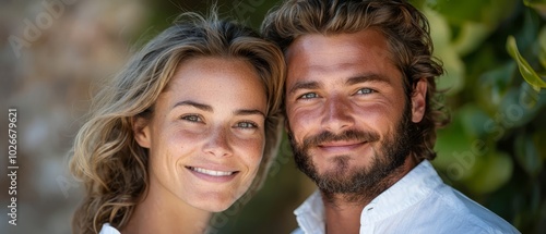  A man and a woman smile at the camera while posing before a green bush