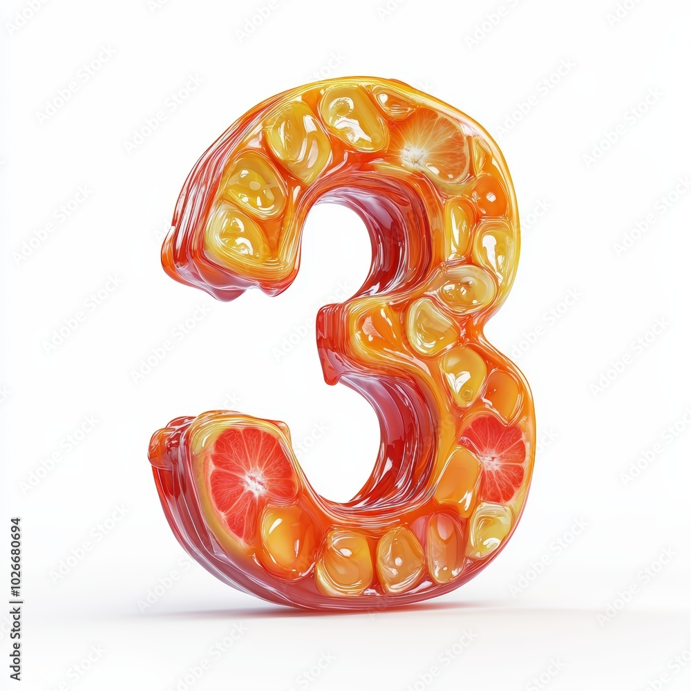 3D number 3 with juice texture realistic modern design, soft lighting, white background 3D number 3 with juice texture realistic modern design, soft lighting, white background