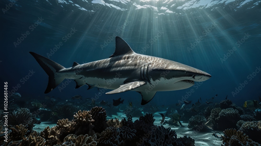 Fototapeta premium A grey reef shark swims through a coral reef with sunlight rays breaking through the surface of the water.