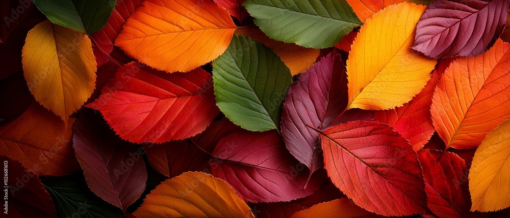 A tight shot of vibrant leaves in hues of red, orange, yellow, green, and purple A tight shot of vibrant leaves in hues of red, orange, yellow, green, and purple