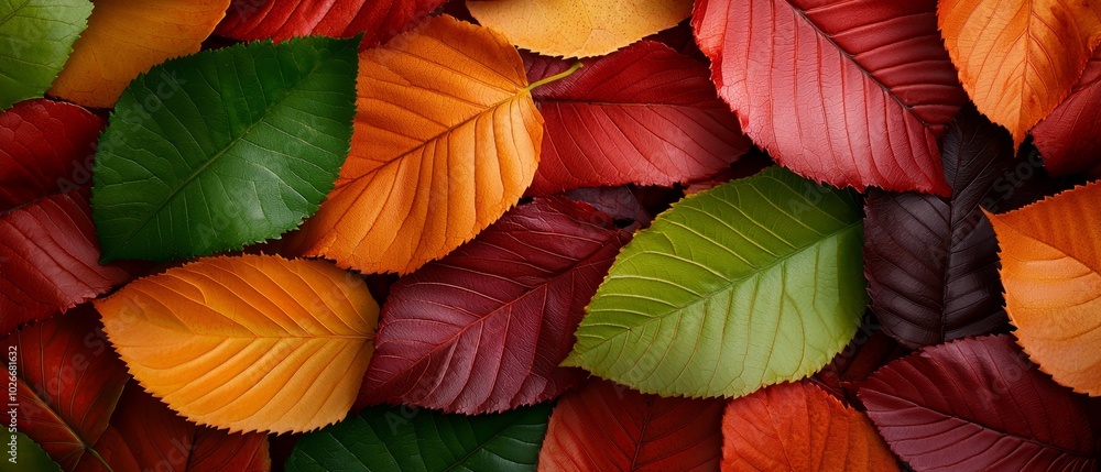 A tight shot of various leaves in shades of red, green, yellow, and orange against a backdrop of more leaves in similar hues A tight shot of various leaves in shades of red, green, yellow, and orange against a backdrop of more leaves in similar hues