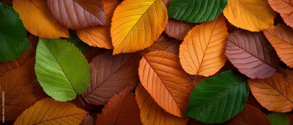 A tight shot of various leaves in shades of green, yellow, orange, and red atop them A tight shot of various leaves in shades of green, yellow, orange, and red atop them