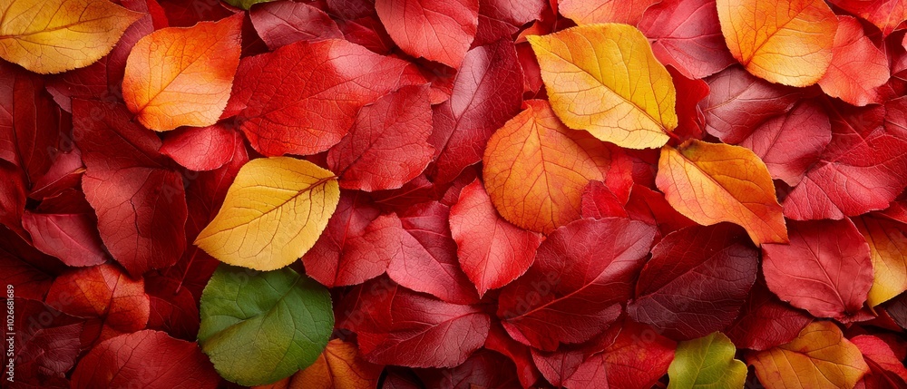 A backdrop of red and yellow leaves with green leaves in the middle A backdrop of red and yellow leaves with green leaves in the middle