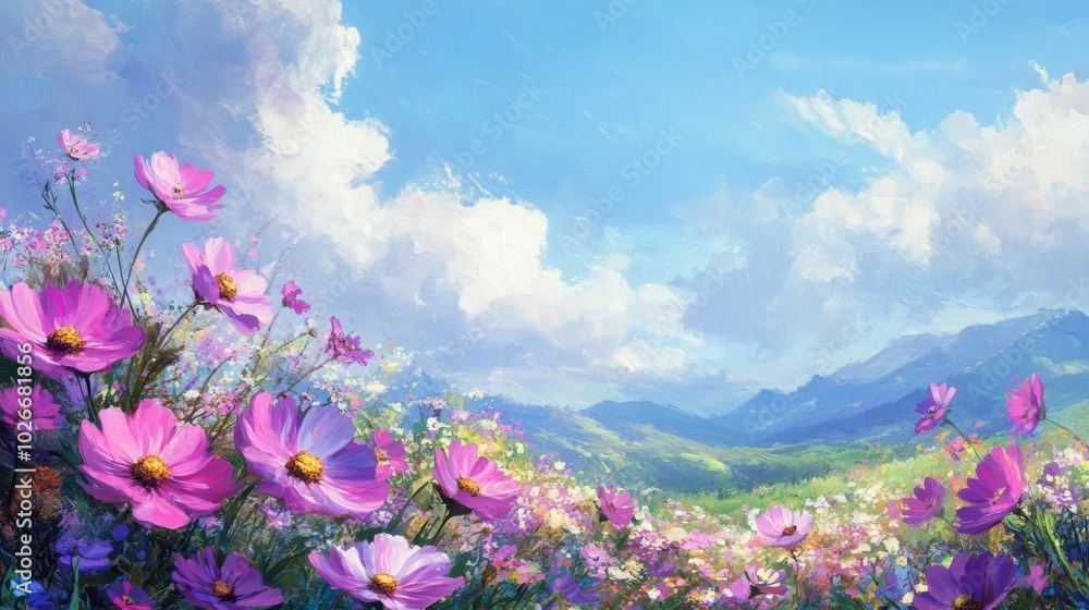 Cosmos paint summer landscape in hues Cosmos paint summer landscape in hues