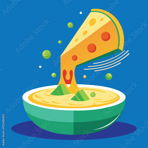 A Cheese Illustration with cute eyes, cheese tower, wedge, melting edges, riding a skateboard