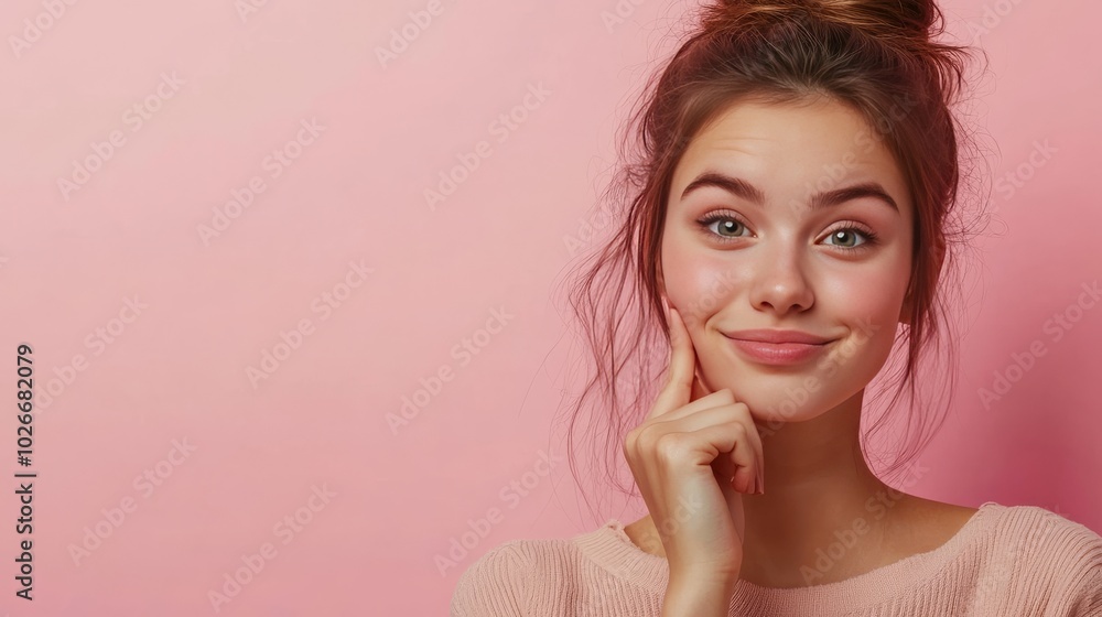 Young woman isolated, chin in hand, smiles. Young woman isolated, chin in hand, smiles.