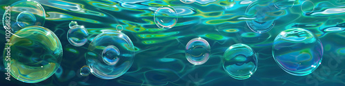 An abstract sea of blue and green hues serves as a calming backdrop for a graceful arrangement of floating bubbles, each one reflecting a spectrum of iridescent colors as they rise and fall