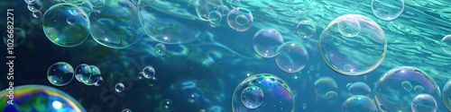 Wallpaper Mural An abstract sea of blue and green hues serves as a calming backdrop for a graceful arrangement of floating bubbles, each one reflecting a spectrum of iridescent colors as they rise and fall Torontodigital.ca
