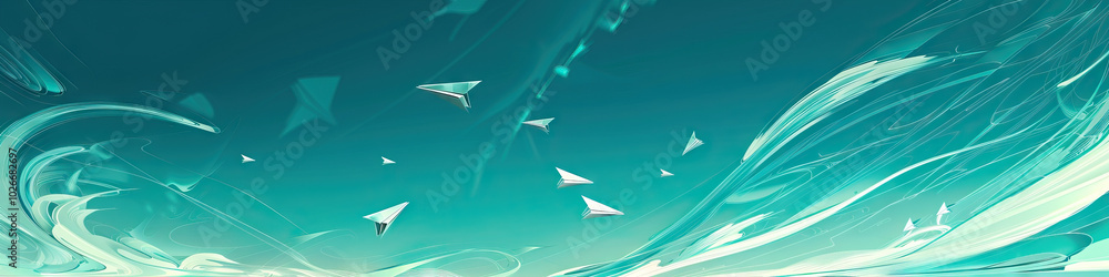 A striking turquoise sky fills an abstract landscape of swirling lines and shapes, with small paper airplanes soaring gracefully through the air before ultimately gliding down to the ground. A striking turquoise sky fills an abstract landscape of swirling lines and shapes, with small paper airplanes soaring gracefully through the air before ultimately gliding down to the ground.