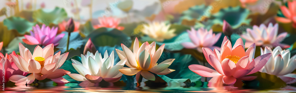 Fototapeta premium Bright pond with blooming lotus flowers surrounded by green leaves creates a peaceful atmosphere. Suitable for use in artistic materials and postcards.