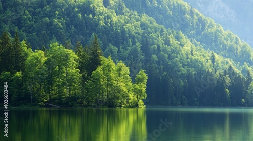 Mountain by the lake, forest ashore