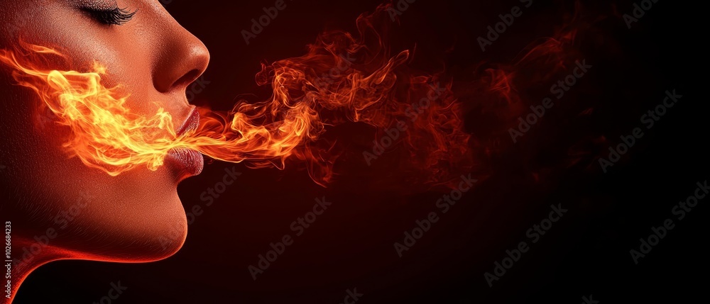 Woman's face with smoky red and yellow exhales against black backdrop Woman's face with smoky red and yellow exhales against black backdrop
