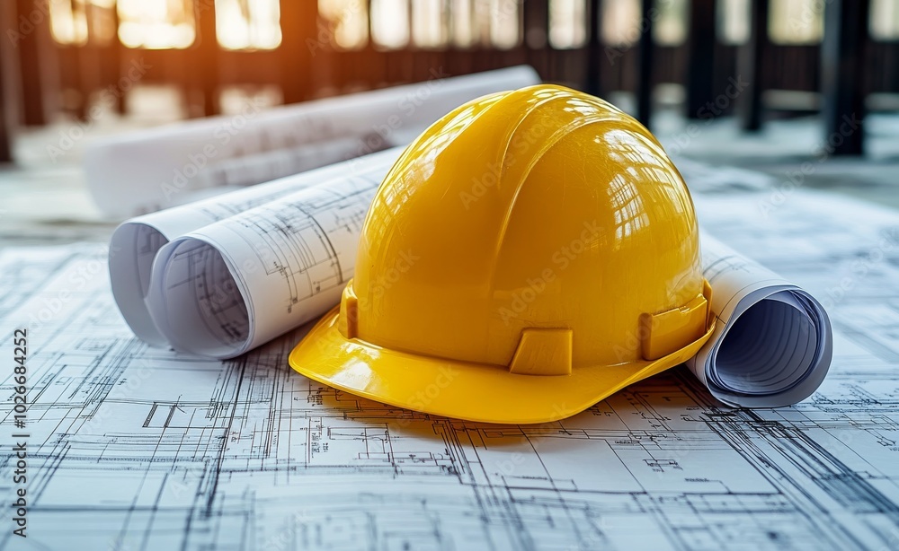 Construction tools and plans on a blue background featuring a yellow hard hat and hammer Construction tools and plans on a blue background featuring a yellow hard hat and hammer