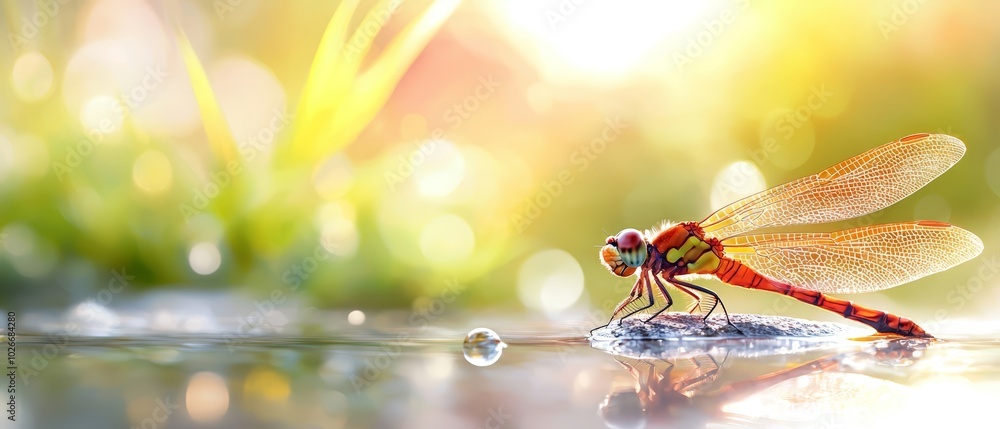 A dragonfly hovers above the water's surface, grassy background included, with a solitary droplet in the foreground A dragonfly hovers above the water's surface, grassy background included, with a solitary droplet in the foreground