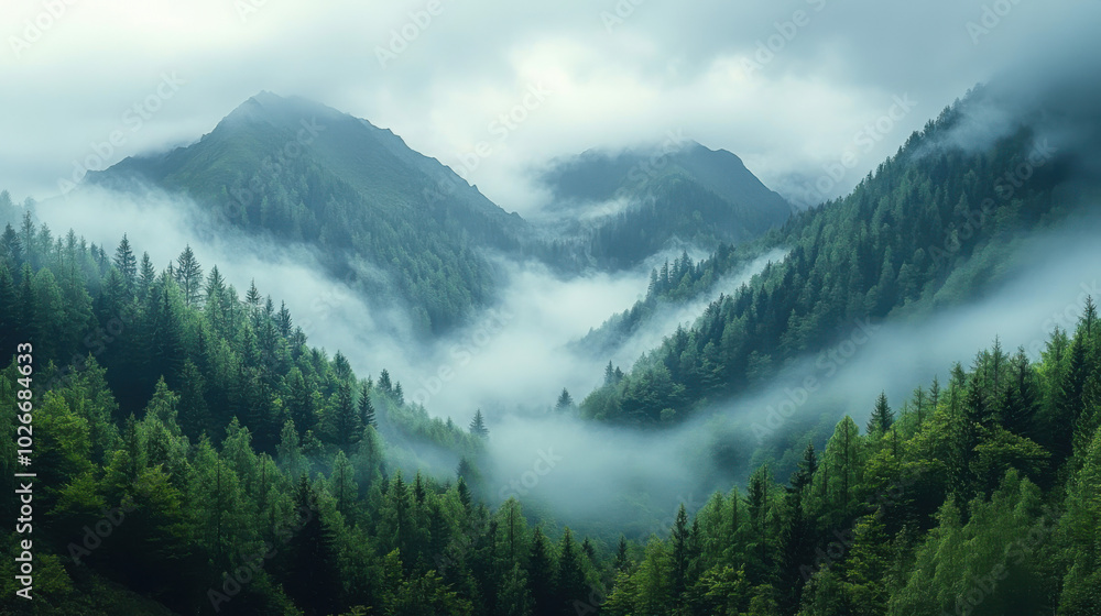 Misty Mountain Peaks Embrace Evergreen Forests Misty Mountain Peaks Embrace Evergreen Forests