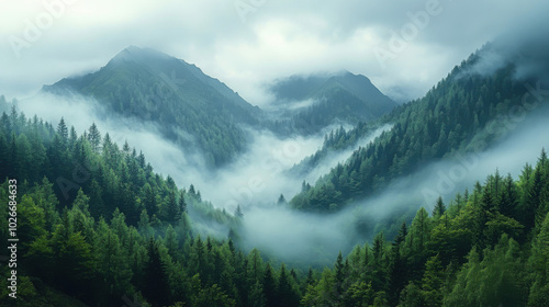 Misty Mountain Peaks Embrace Evergreen Forests