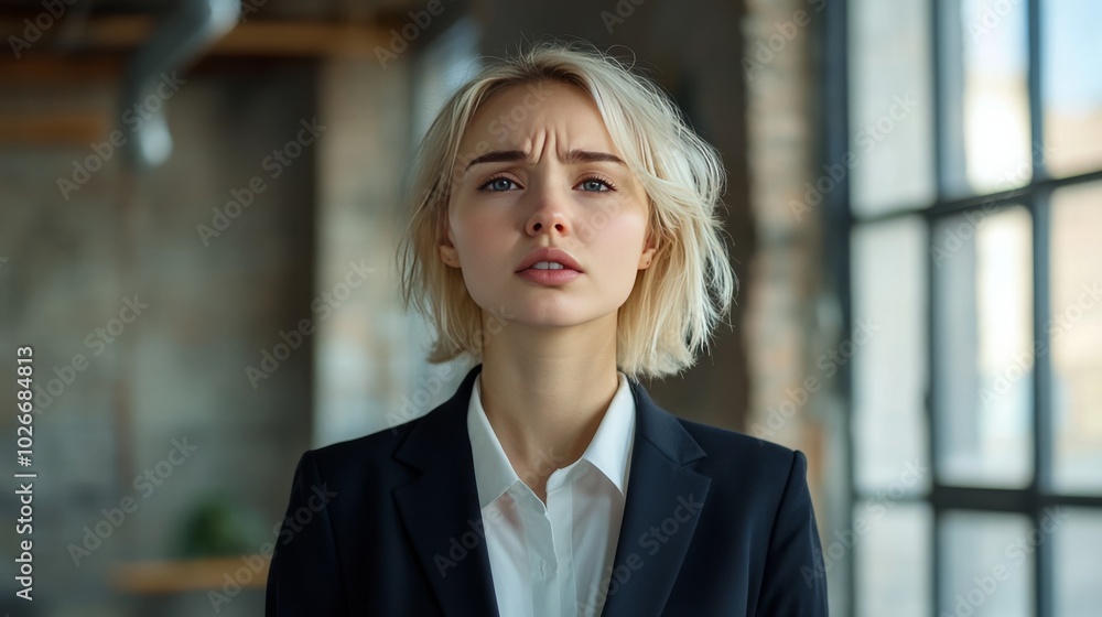 Headache-stricken blonde in business suit in office Headache-stricken blonde in business suit in office