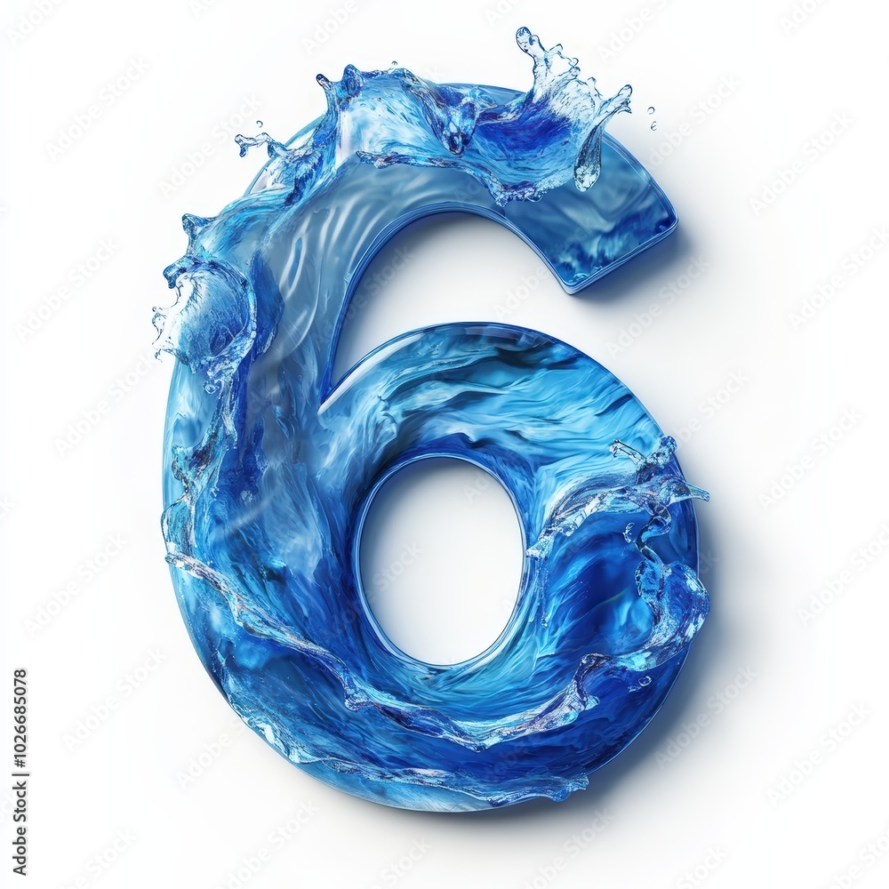 3D number 6 with water ocean waves texture realistic modern design, soft lighting, on white background. 