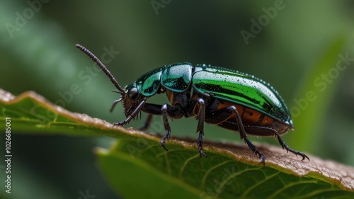 A close-up of a metallic green beetle on a green leaf.