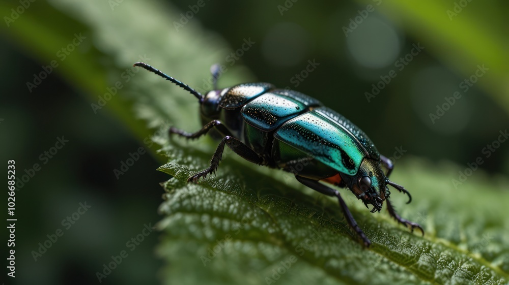 A close-up shot of a metallic green beetle on a green leaf, with blurred background. A close-up shot of a metallic green beetle on a green leaf, with blurred background.