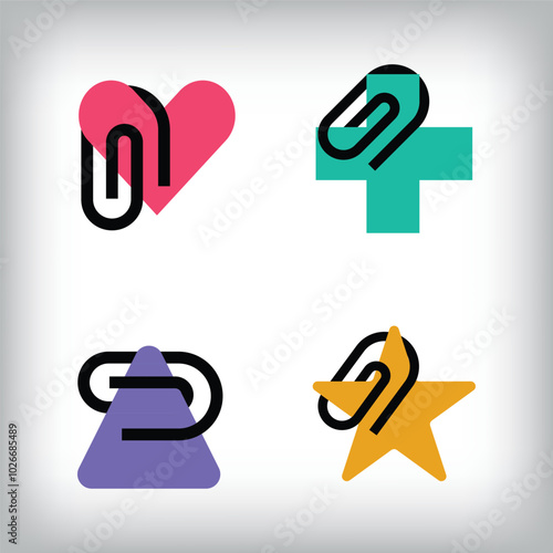 Simple paperclip icon, heart, star, health plus and triangle sign logo design sign. Different and colorful design icon.