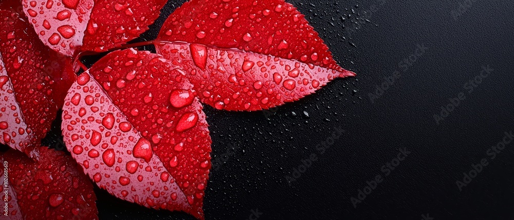 A red and black background features a tight shot of water droplets on the dark-hued foliage of a red and black plant A red and black background features a tight shot of water droplets on the dark-hued foliage of a red and black plant