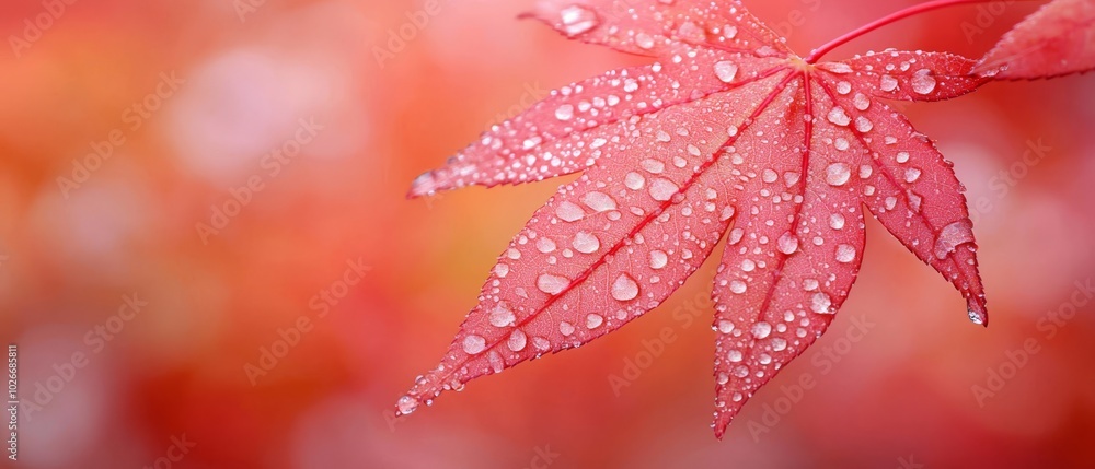 Fototapeta premium A tight shot of a red leaf dotted with water droplets, backdrop softly blurred